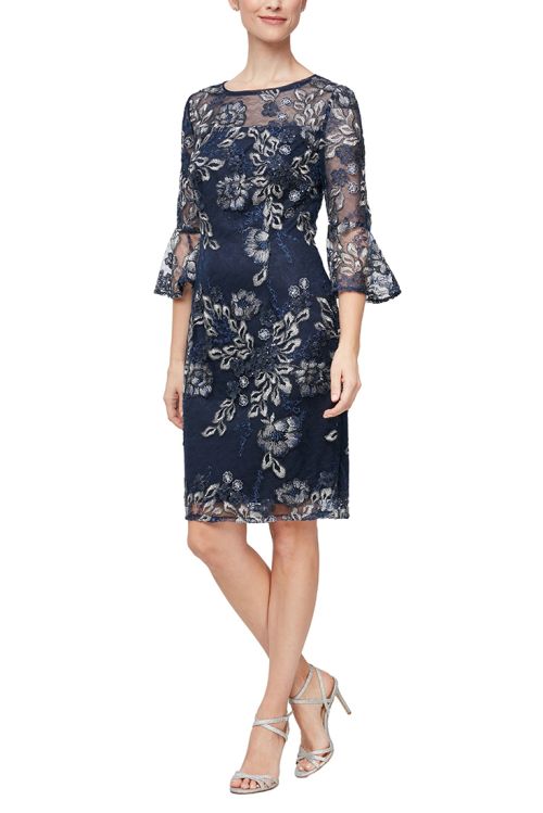 Alex Evenings Illusion Boat Neck 3/4 Flounce Sleeve Zipper Back Floral Embroidered Mesh Dress