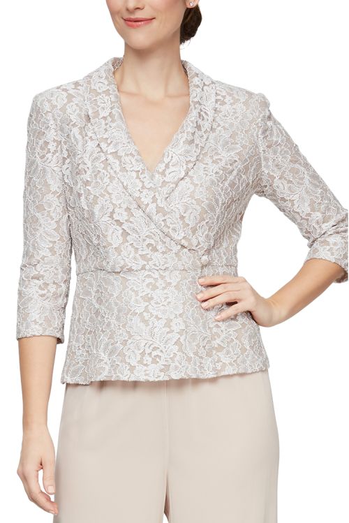 Alex Evenings V- Neck 3/4 Sleeves Side Button Closure Lace Top