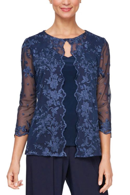 Alex Evenings Embroidered Mesh Faux Mock Neck Twinset