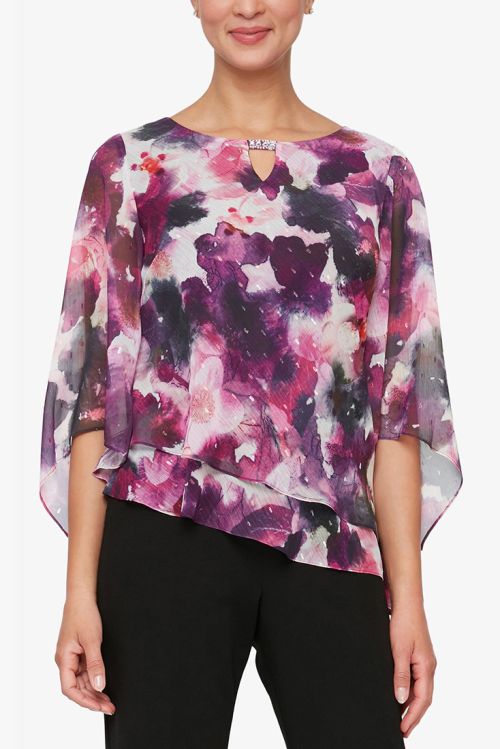 Alex Evenings Boat Neck Asymetrical Sleeve Floral Print Top