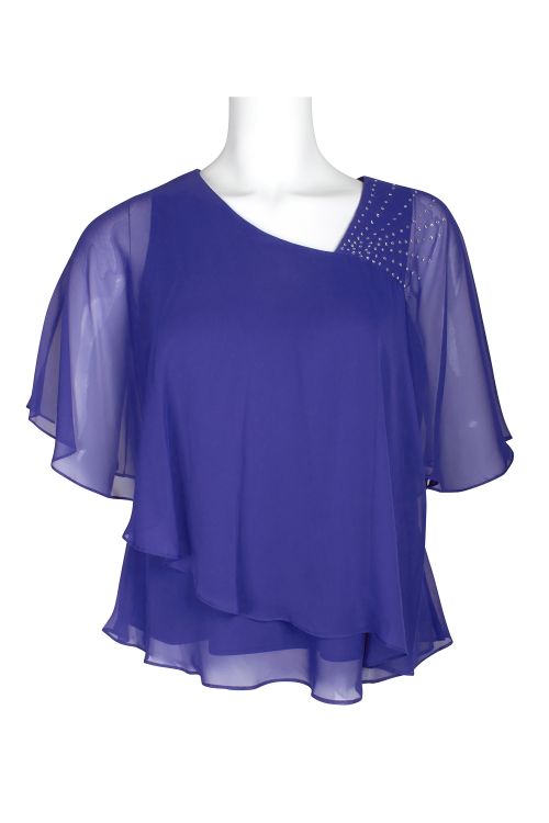 Alex Evenings Asymetrical Neck 3/4 Sleeve Popover Illusion Embellished Chiffon Top (Plus Size)