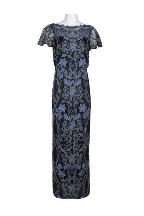 JS Collections Boat Neck Short Sleeve Blouson Illusion Embroidered Mesh Dress