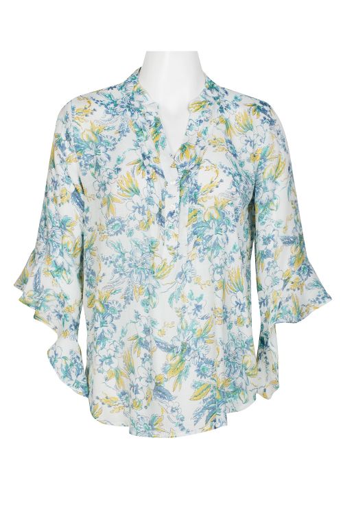 Counterparts V-Neck Pleated Front Ruffle Sleeve Multi Print Crepe Blouse