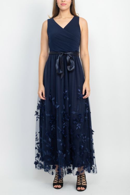 SL Fashion Long Sleevless Dress With Surplice Neckline, 3D Floral A-Line Skirt and Tie Belt Jersey  Mesh Dress