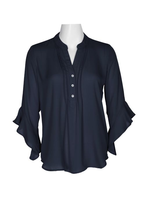 Counterparts V-Neck Pleated Front Ruffle Sleeve Printed Chelsea Crepe Blouse