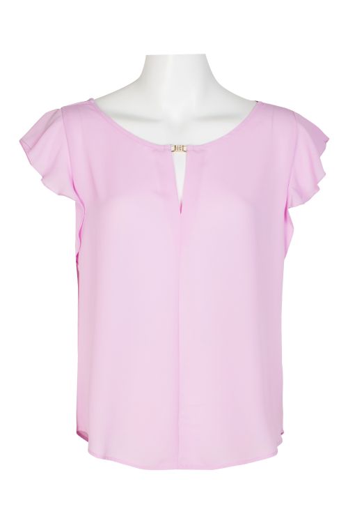 Counterparts Scoop Neck Ruffle Sleeve Keyhole front Solid Crepe Top