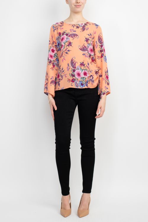 Counterparts Boat Neck Asymmetrical Cuff Long Sleeve Ruched Side Seam Printed Chelsea Crepe Blouse