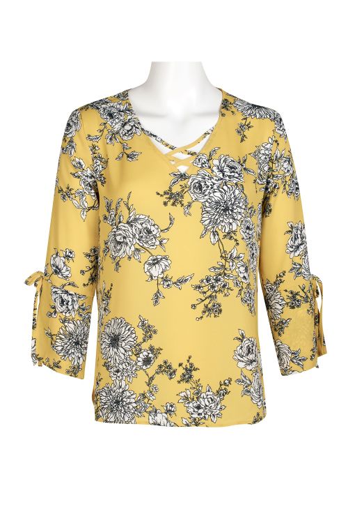 Counterparts Banded Neck 3/4 Tie Sleeve Printed Chelsea Crepe Blouse