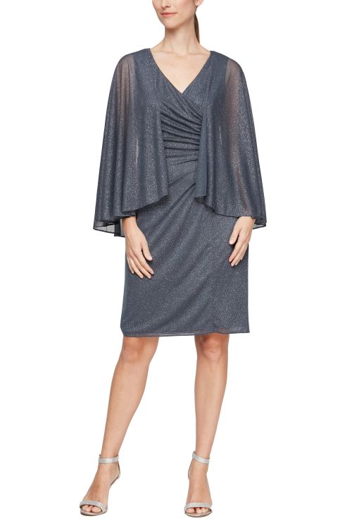 SL Fashion Surplice V- Neck Back Zipper 3/4 Cape Sleeves Ruched Bodice Short Dress