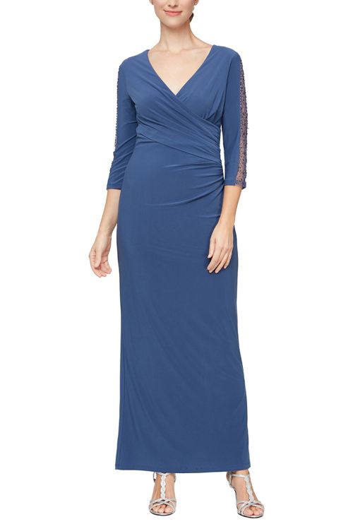SL Fashion V- Neck Surplice Front Back Zipper 3/4 Sleeves With Beaded Panel Long Dress
