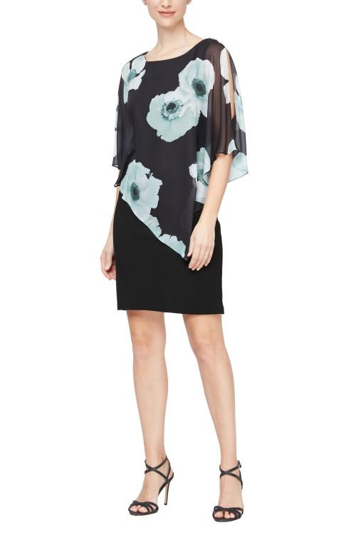 SL Fashion Floral Print Assymetrical Chiffon Slit Shoulder Capelet Jersey Dress