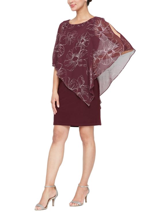 SL Fashions Asymmetric Chiffon Floral Print Overlay 3/4 Split Sleeve Sheath Dress