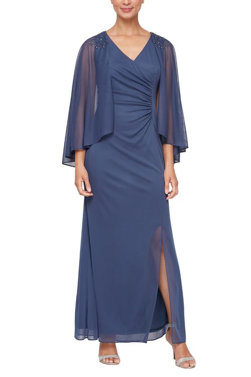 SL Fashion Long Surplice Neckline, Ruched Waist Embellished Capelet Sleeves and Front Slit Chiffon Dress