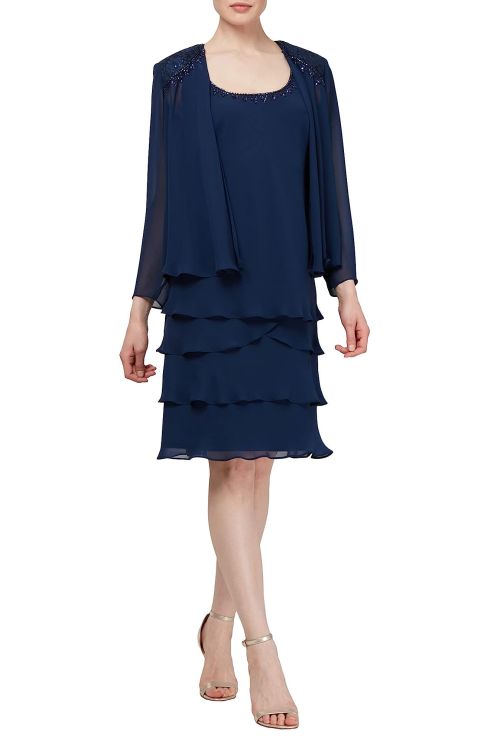 SL Fashion Embellished Scoop Neck Sleeveless Tier Chiffon Dress with Matching Embellished Lace Shoulder Jacket