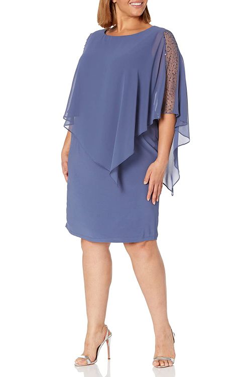 S.L. Fashions Plus Size Short Beaded Overlay Cape Dress
