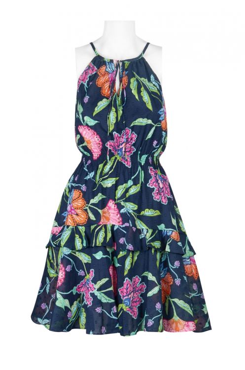 Taylor Spaghetti Strap Keyhole Front Tiered Elastic Waist Floral Cotton Dress