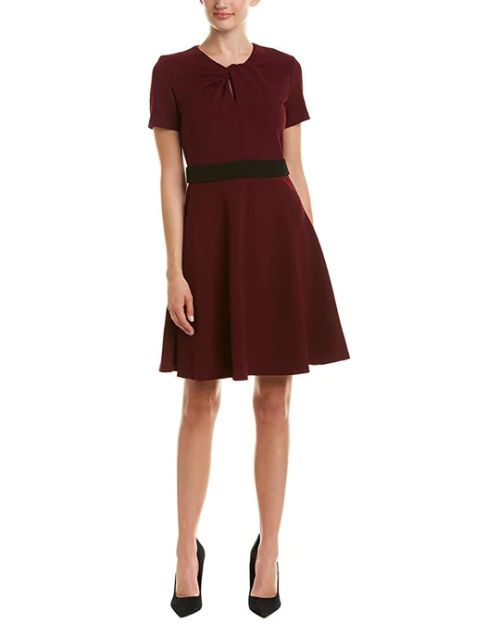 Taylor Crew Neck Pleated Banded Waist Zipper Back A-Line Crepe Dress
