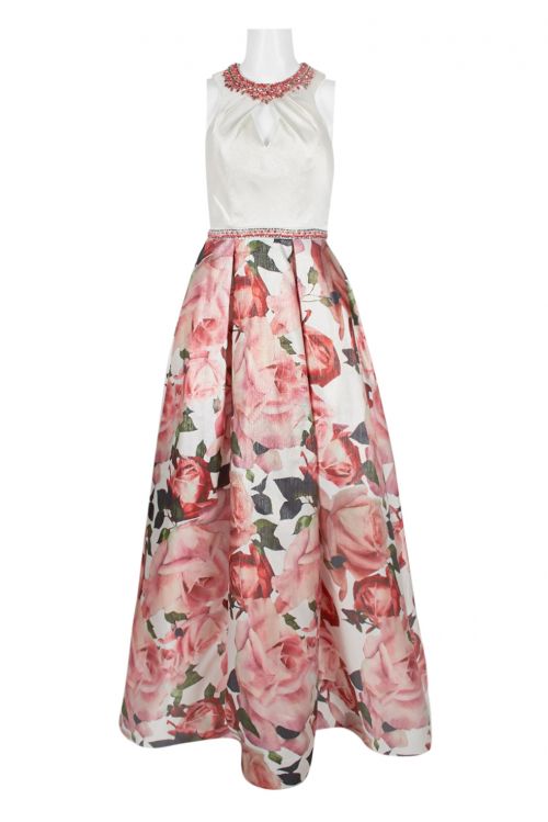 Dave & Johnny Embellished Neck Ruched Sleeveless Cutout Back Pleated Floral Print Twill Dress