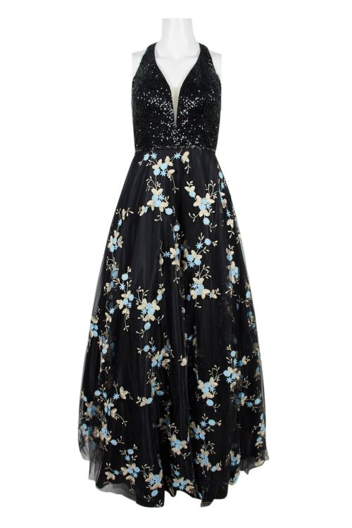 Dave & Johnny V-Neck Sleeveless Ruched Zipper Back Sequined Bodice Cutout Back Embroidered Floral Mesh Dress