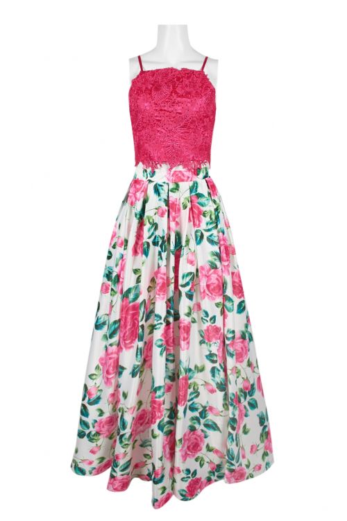 Dave & Johnny Spaghetti Strap Embellished Floral Embroidered Lace Bodice Pleated Floral Print Mikado Dress