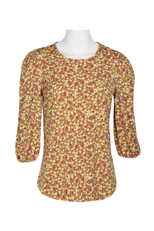 Adrianna Papell Scoop Neck 3/4 Elastic Cuff Sleeve Multi Print 1 Button Keyhole Back Knit Moss Crepe Top