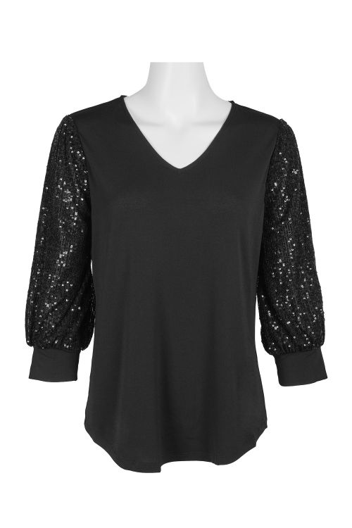 Adrianna Papell V-Neck Sequin ¾ Sleeve Solid Knit Mos Crepe Top