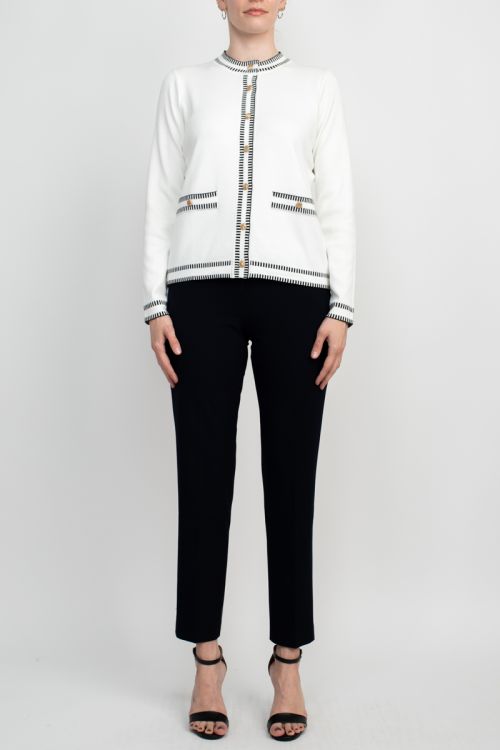Adrianna Papell Crew Neck Button Front Closure Long Sleeve Knit Cardigan with Stitched Detail