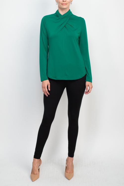 Adrianna Papell twisted neck long sleeve solid knit moss crepe top