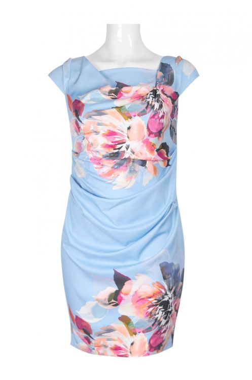 Adrianna Papell Square Neck Short Sleeve Zipper Back Multi Print Magnolia Dress (Plus Size)