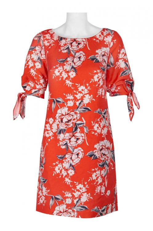 Adrianna Papell Crew Neck Tie Sleeve Zipper Back Floral Print Linen Dress