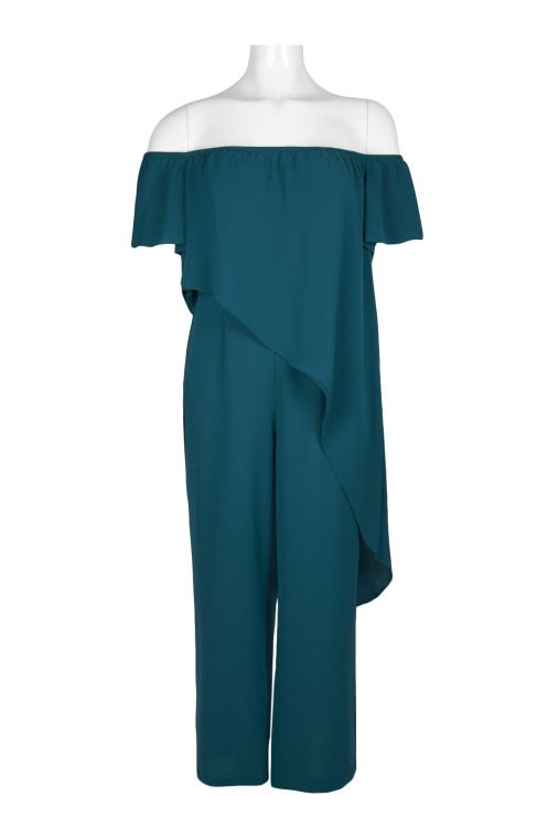 Adrianna Papell Off-Shoulder Short Sleeve Asymetrical Popover Solid Jumpsuit (Plus Size)