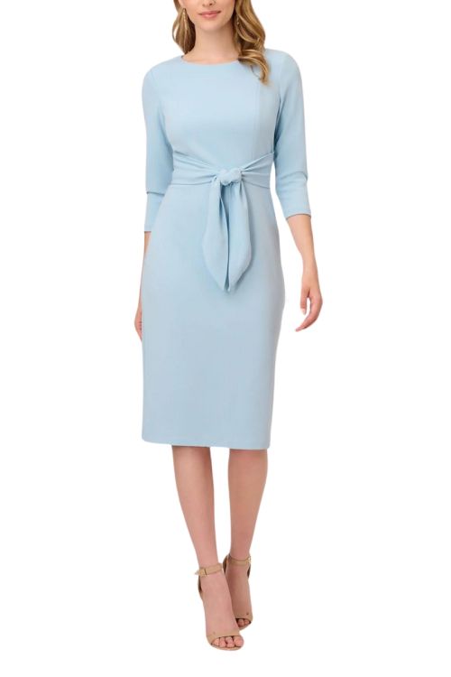 Adrianna Papell Crew Neck 3/4 Sleeve Tie Waist Bodycon Zipper Back Solid Knit Crepe Dress