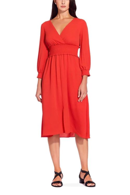 Adrianna Papell V-Neck Long Sleeve Ruched Flutter Solid Polyester Dress