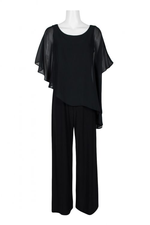 Adrianna Papell Scoop Neck Asymmetrical Popover Chiffon Cape Zipper Back Solid Jersey Jumpsuit