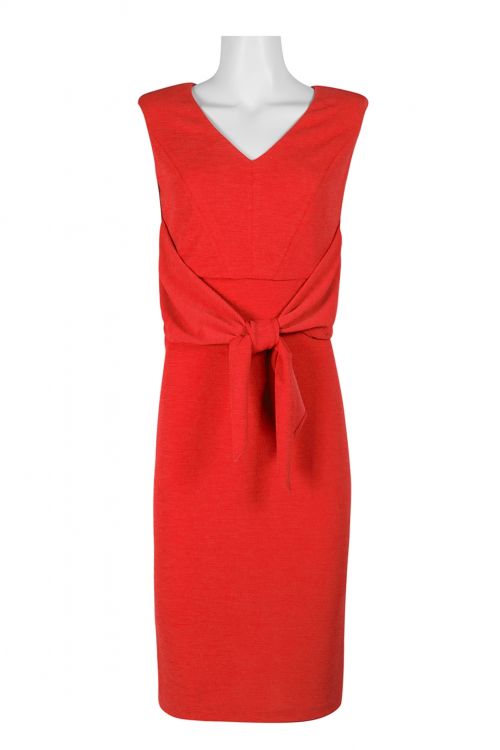 Adrianna Papell V-Neck Sleeveless Tie Front Ruched Zipper Back Solid Knit Dress