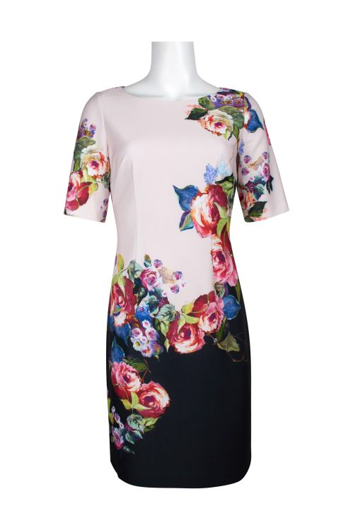 Adrianna Papell Boat Neck Short Sleeve Bodycon Zipper Back Floral Print Jersey Dress