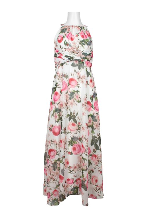 Adrianna Papell Halter Neck Sleeveless Pleated Front Tie Zipper Back Floral Print Chiffon Dress