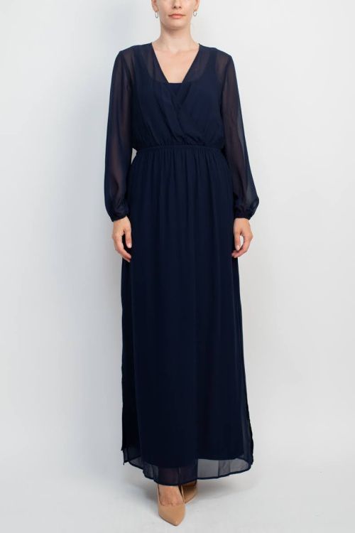 Adrianna Papell V-Neck Illusion Elastic Cuff Long Sleeve Slit Side Chiffon Dress