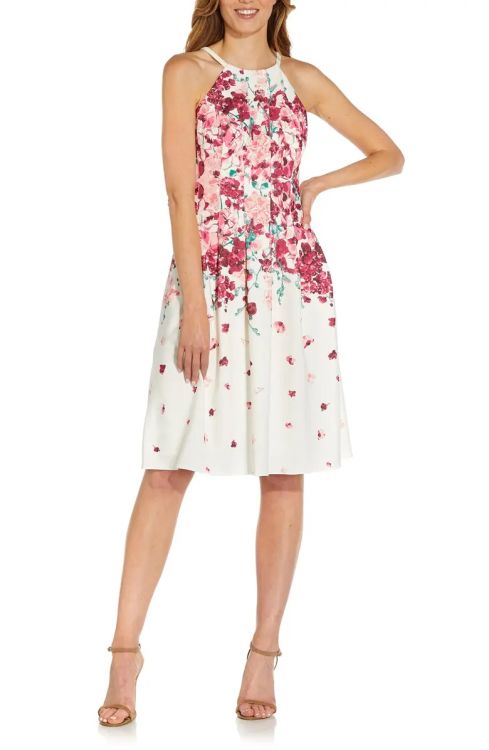 Adrianna Papell halter neck pleated zipper closure A-line floral print stretch crepe dress