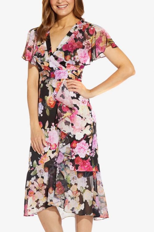 Adrianna Papell V-Neck Cap Sleeve Faux Wrap Banded Waist Floral Print Ruffled Front Chiffon Dress