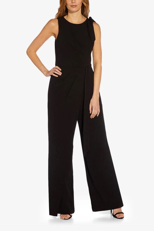 Adrianna Papell Crew Neck Sleeveless Solid Bow Detail Crepe Jumpsuit
