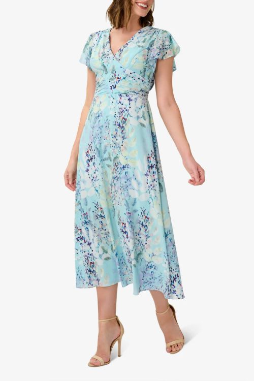 Adrianna Papell V-Neck Cap Sleeve Ruched Waist Zipper Back Floral Print Chiffon Dress