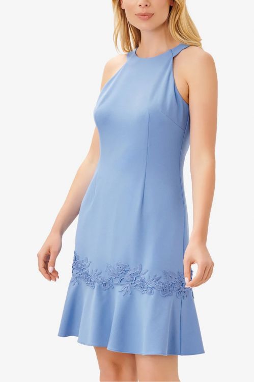 Adrianna Papell Halter Neck Sleeveless Tie Back Flounce Hem with Lace Trim Hook & Zipper Back Closure Solid Stretch Knit Crepe Dress