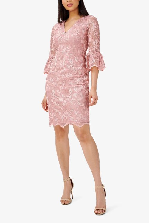Adrianna Papell Day V- Neck Back Zipper ¾ Bell Sleeves Short Embroidered Dress