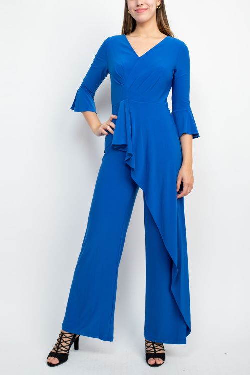 Adrianna Papell V-Neck Bell Cuff Sleeve Draped Front zipper Back Solid Jumpsuit