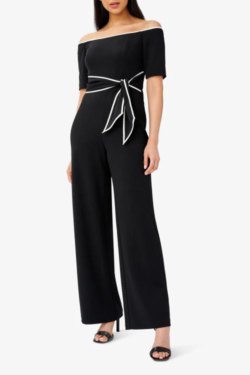 Adrianna Papell Day Off The Shoulder Short Sleeves Back Zipper Tie Twist Straight Leg Jumpsuit