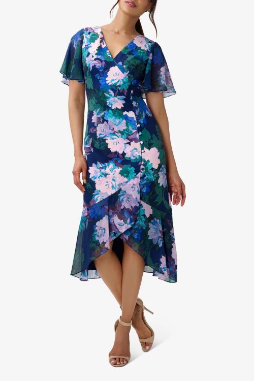 Adrianna Papell V-Neck Short Sleeve Floral-Print Stretch Twill and Chiffon Short Dress