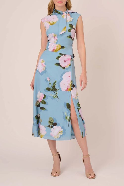 Adrianna Papell Tie Neck Sleeveless Zipper Back Floral Print Slit Side Crepe Dress