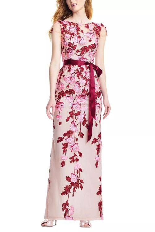 Adrianna Papell boat neck cap sleeve illusion keyhole back zipper closure floral cascading column gown
