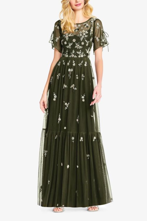 Adrianna Papell Illusion Boat Neck Sheer Flutter Short Sleeve Self-Tie Laces Mermaid Skirt Beaded Sequined Keyhole Back Mesh Dress